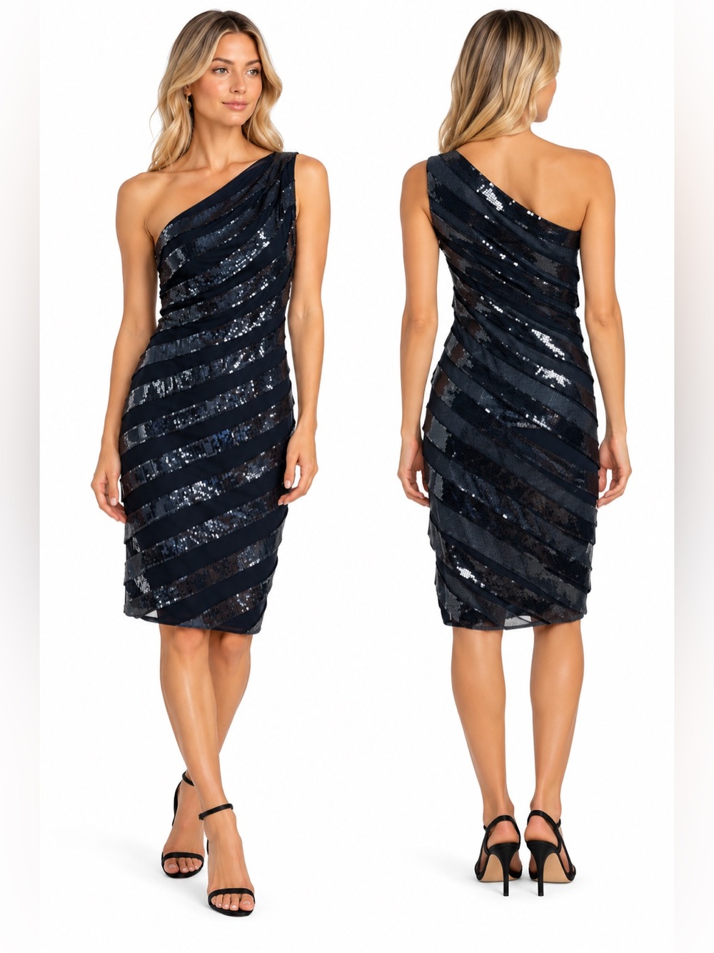 Tadashi Shoji One Shoulder Navy Blue Sequined Cocktail Dress Size 12